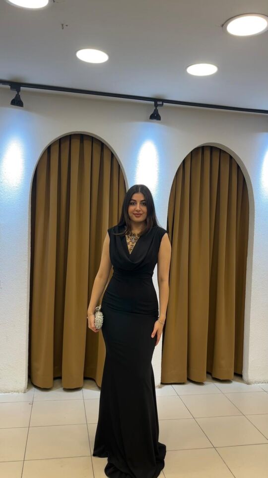SİYAH DEGAJE YAKA SATEN ABİYE ELBİSE 38