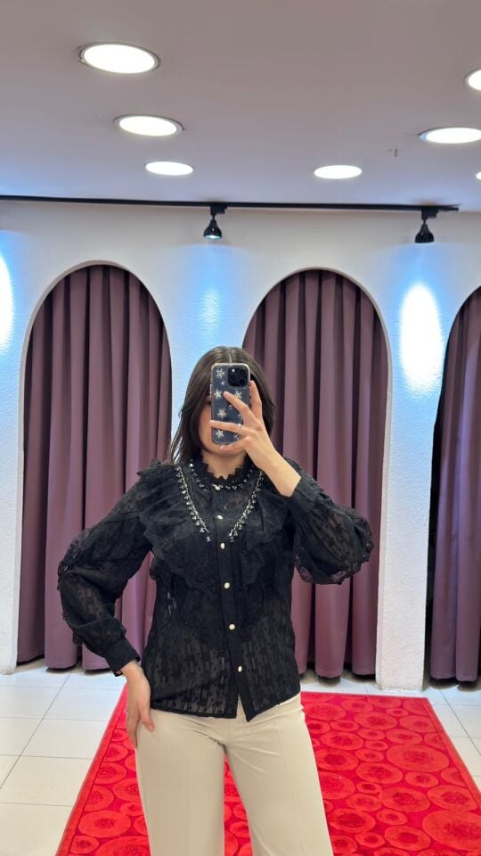 SİYAH İTHAL TÜL ŞİFON ŞIK BLUZ 36