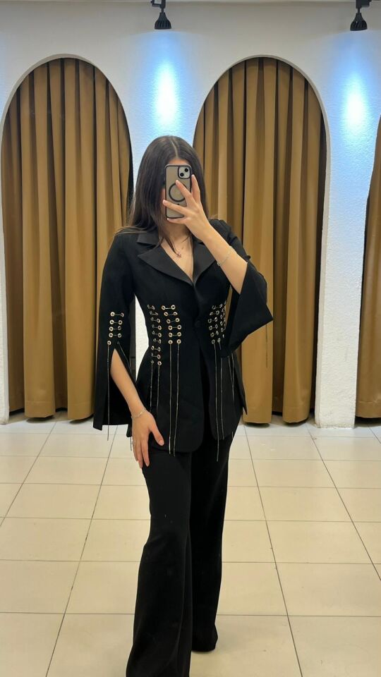 SiYAH KUMAŞ ZİNCİR DETAYLI ÜÇLÜ TAKIM 44