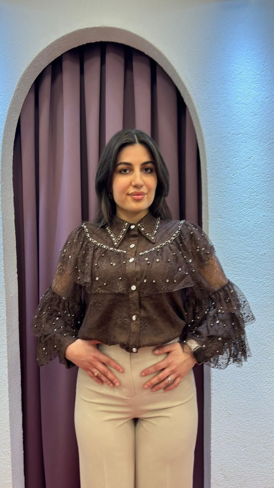 KAHVERENGİ TÜL ŞİFON İTHAL BLUZ GÖMLEK 38