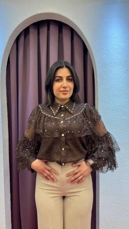 KAHVERENGİ TÜL ŞİFON İTHAL BLUZ GÖMLEK 36