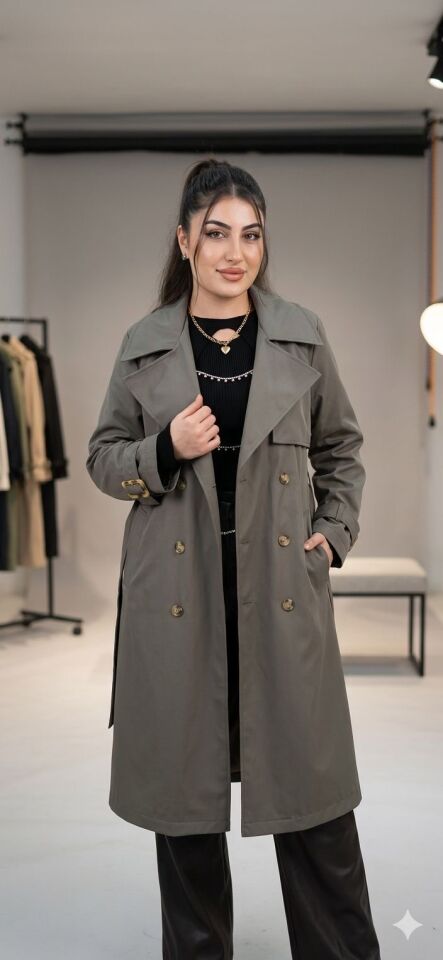 Gri Uzun Kemerli Trençkot M