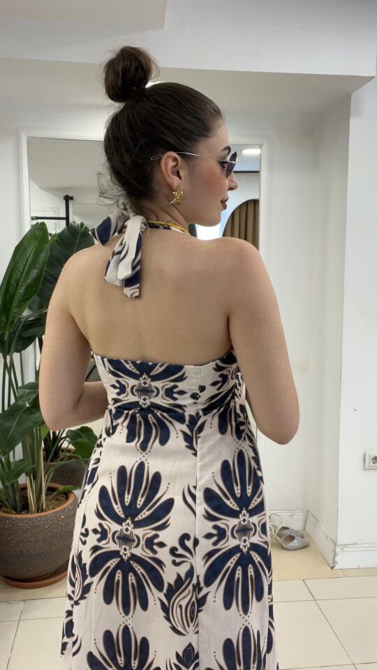 KETEN BOYUNDAN BAĞLAMALI ELBİSE