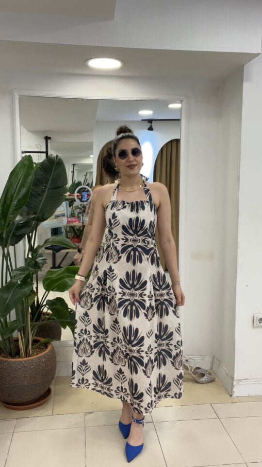 KETEN BOYUNDAN BAĞLAMALI ELBİSE