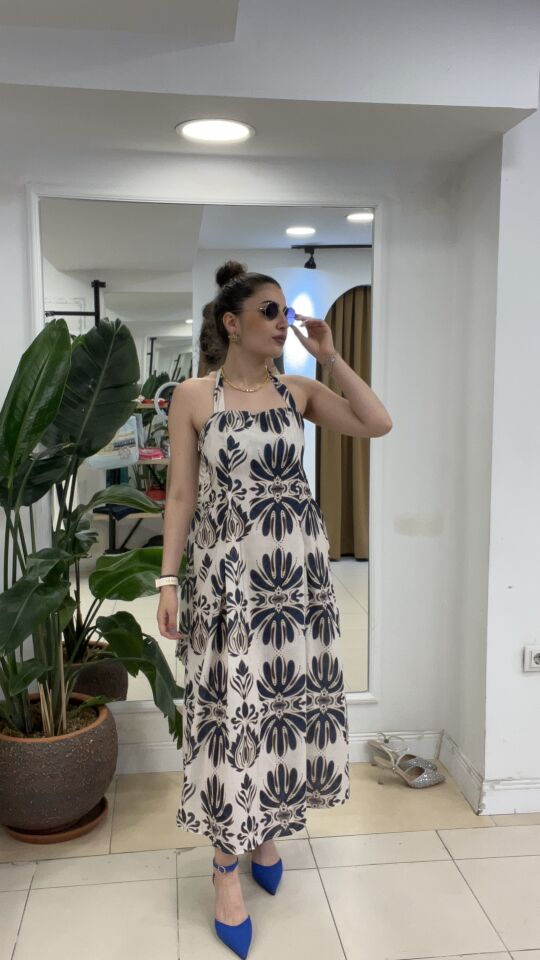 KETEN BOYUNDAN BAĞLAMALI ELBİSE