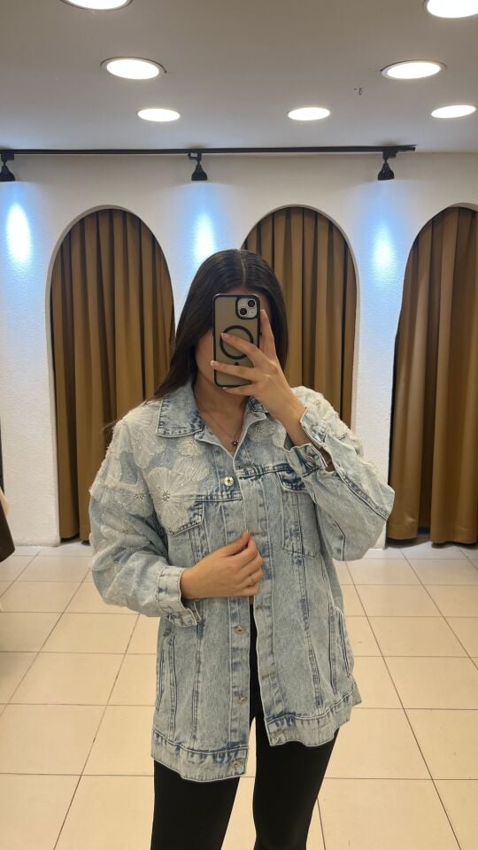 ÇİÇEKLİ TÜL DANTEL DETAYLI İTHAL KOT CEKET