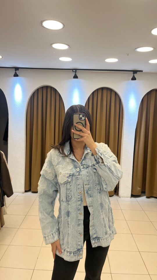 ÇİÇEKLİ TÜL DANTEL DETAYLI İTHAL KOT CEKET XS