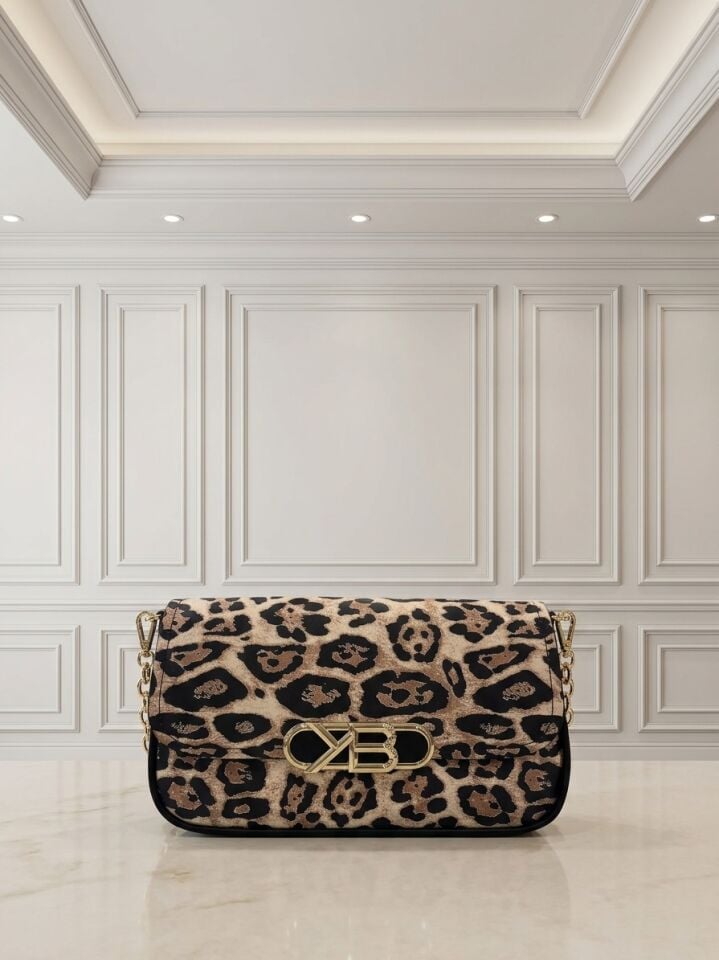  Leopar Desenli Gold Tokalı Kadın Omuz ve Çapraz Çantası Leopar desen