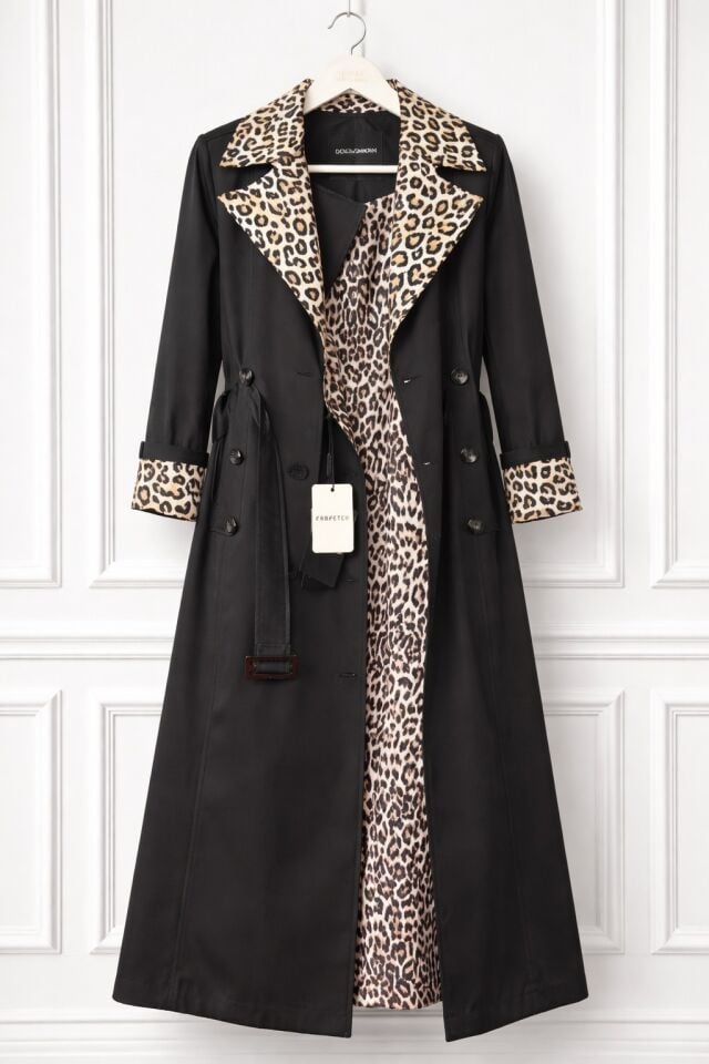 Siyah Leopar  Desenli Trenç 36