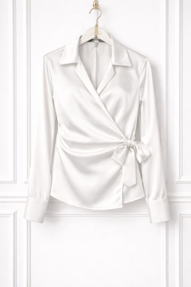 Beyaz Saten Yandan Bağlamalı Gömlek 36