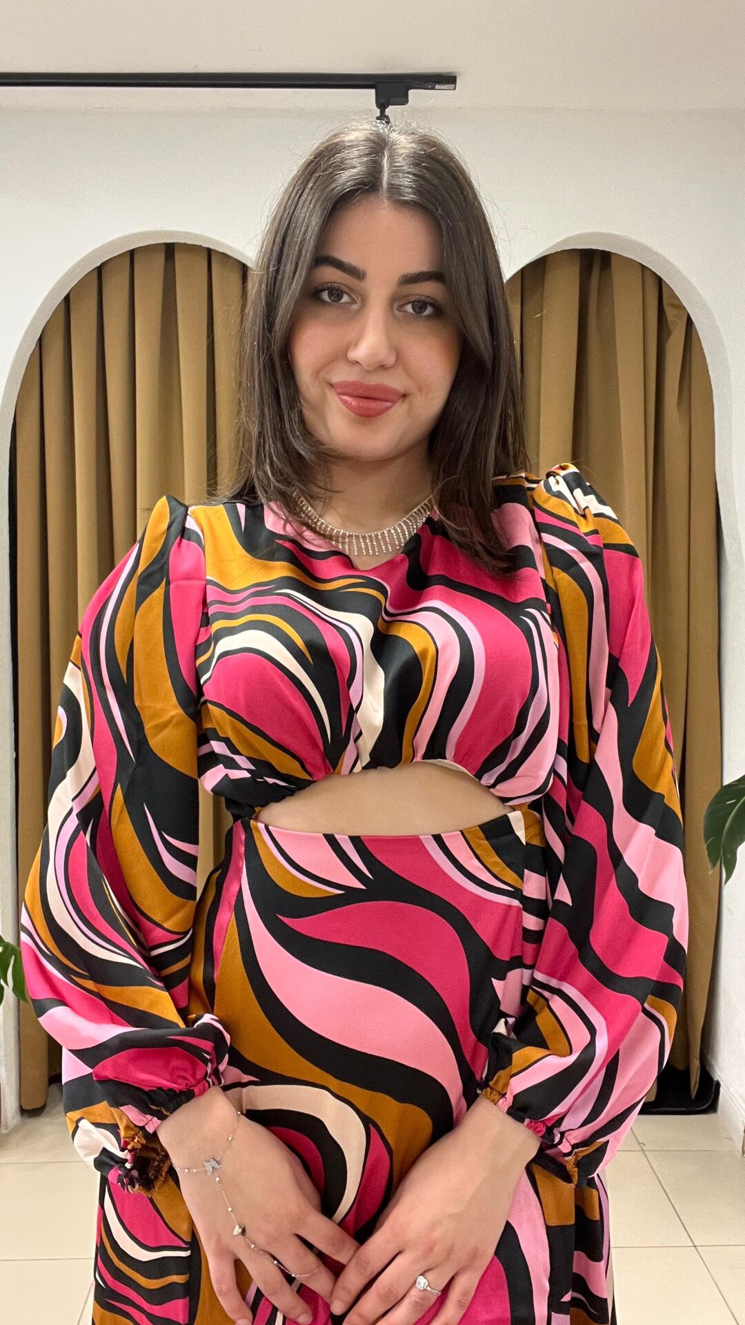 FUŞYA ŞİFON DESENLİ ELBİSE