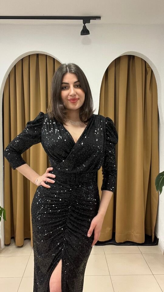 SİYAH PAYETLİ YIRTMAÇLI ABİYE SİYAH - 38