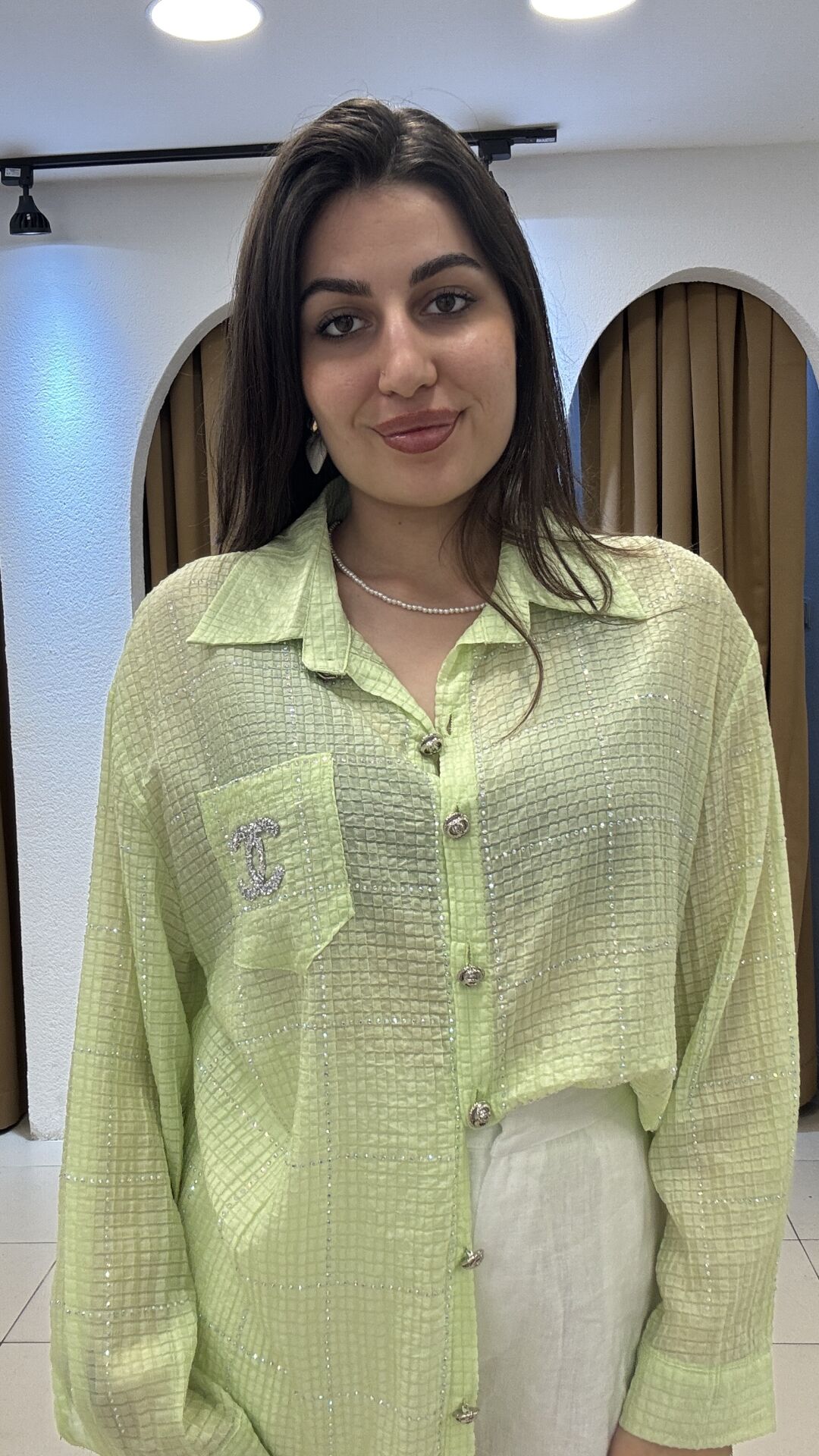 AÇIK YEŞİL GRİD DESENLİ ŞEFAF GÖMLEK