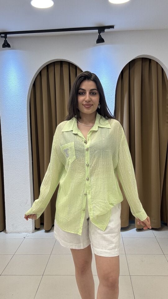 AÇIK YEŞİL GRİD DESENLİ ŞEFAF GÖMLEK Standart - Yeşil