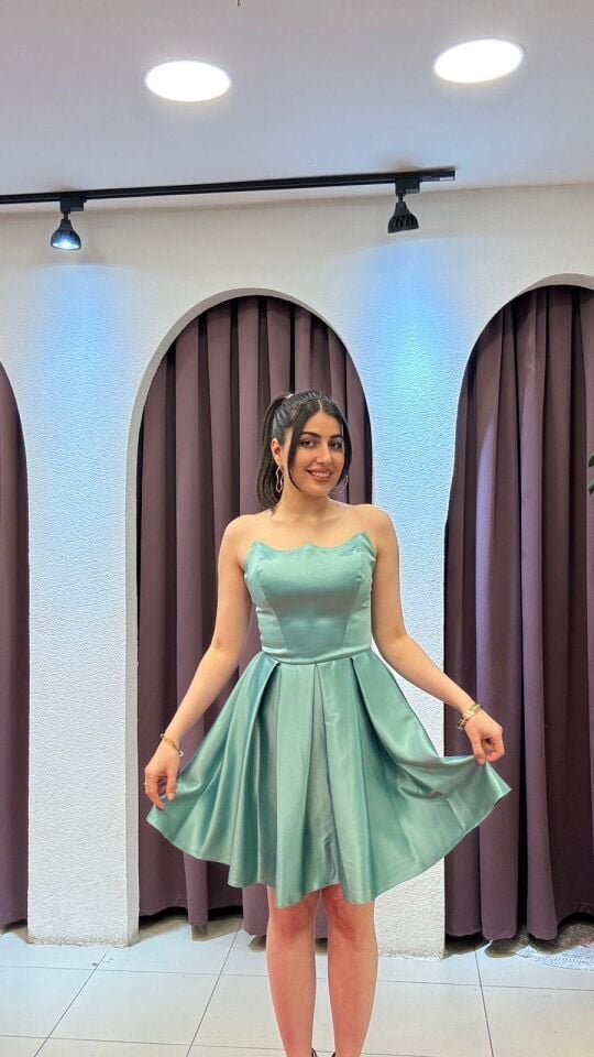 Straplez Su Yeşili  Korse Detaylı Altı Kiloş Mini Kısa Elbise 42