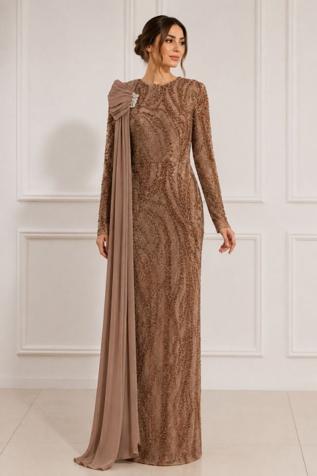 Kahve Payet İşlemeli Broş ve Şifon Drape Detaylı Uzun Kollu Tesettür Abiye Elbise 50