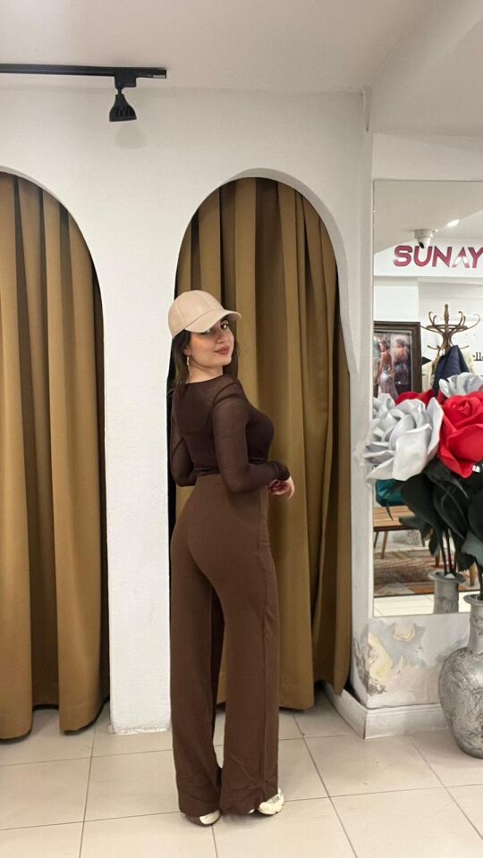 KAHVERENGİ İNCE UZUN KOLLU BADİ BLUZ