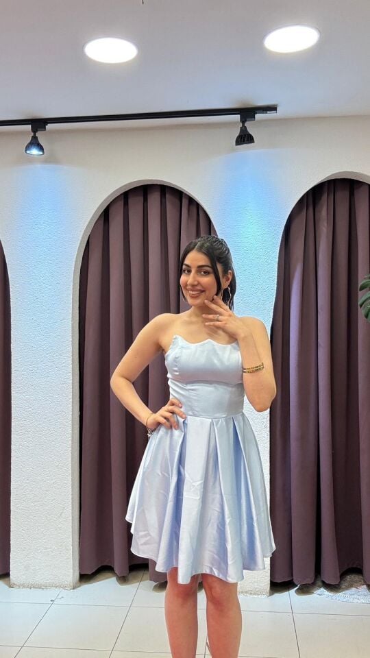 Straplez Bebe Mavisi Korse Detaylı Altı Kiloş Mini Kısa Elbise 42