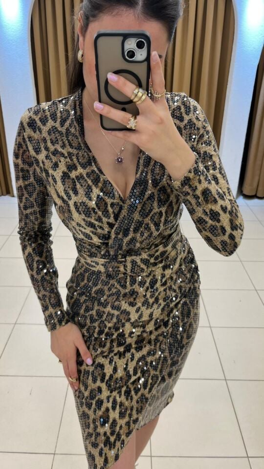 LEOPAR DESENLİ KEMERLİ MİDİ BOY PAYETLİ ABİYE