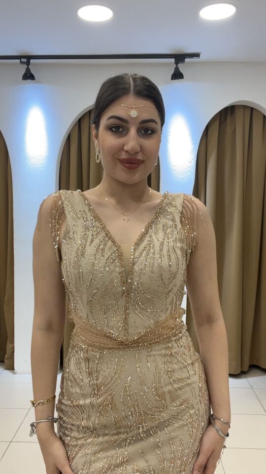 GOLD KALIN ASKILI FULL TAŞLI YIRTMAÇLI ABİYE