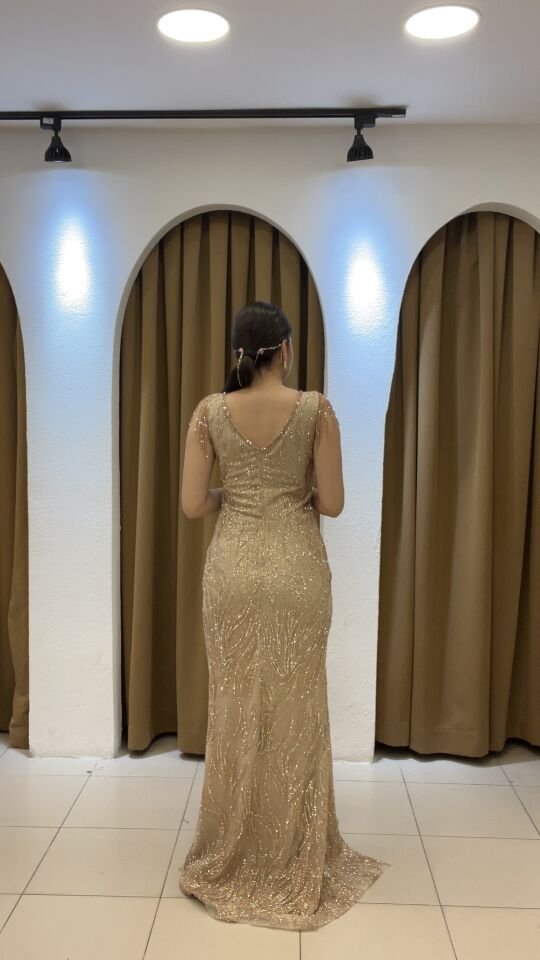 GOLD KALIN ASKILI FULL TAŞLI YIRTMAÇLI ABİYE