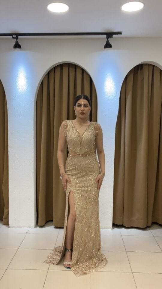 GOLD KALIN ASKILI FULL TAŞLI YIRTMAÇLI ABİYE