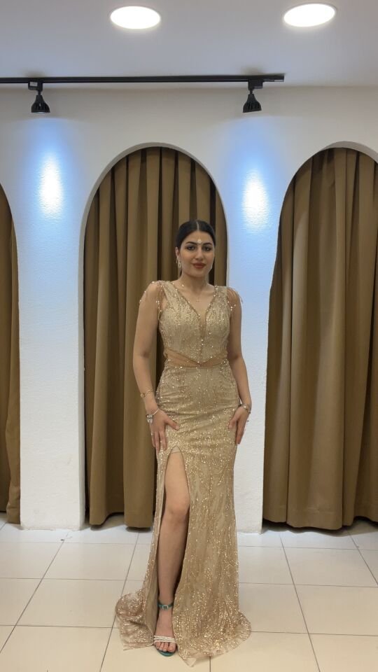 GOLD KALIN ASKILI FULL TAŞLI YIRTMAÇLI ABİYE GOLDEN - 38