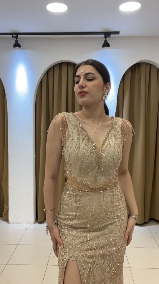 GOLD KALIN ASKILI FULL TAŞLI YIRTMAÇLI ABİYE