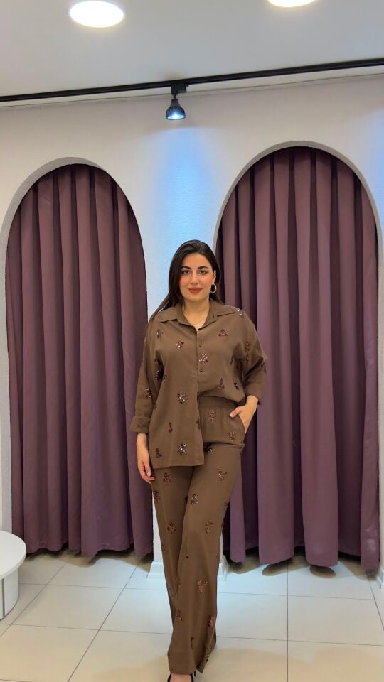Kahverengi payet işlemeli oversize gömlekli ikili takım L