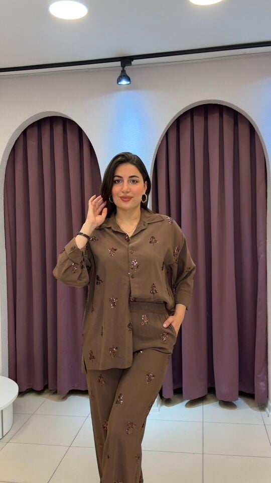 Kahverengi payet işlemeli oversize gömlekli ikili takım L