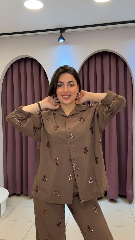 Kahverengi payet işlemeli oversize gömlek 44