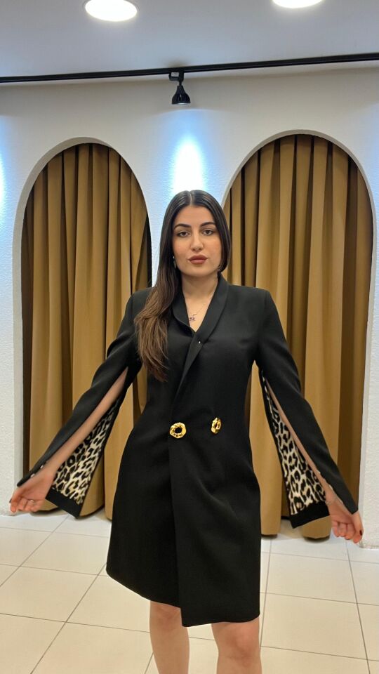 SİYAH LEOPAR DESENLİ CEKET ELBİSE