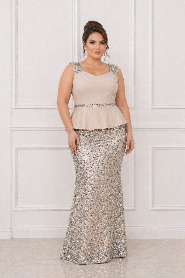 Kadın Büyük Beden Abiye Elbise Vizon Payetli Uzun Abiye Mezuniyet Düğün Nikah Davet Elbisesi 52