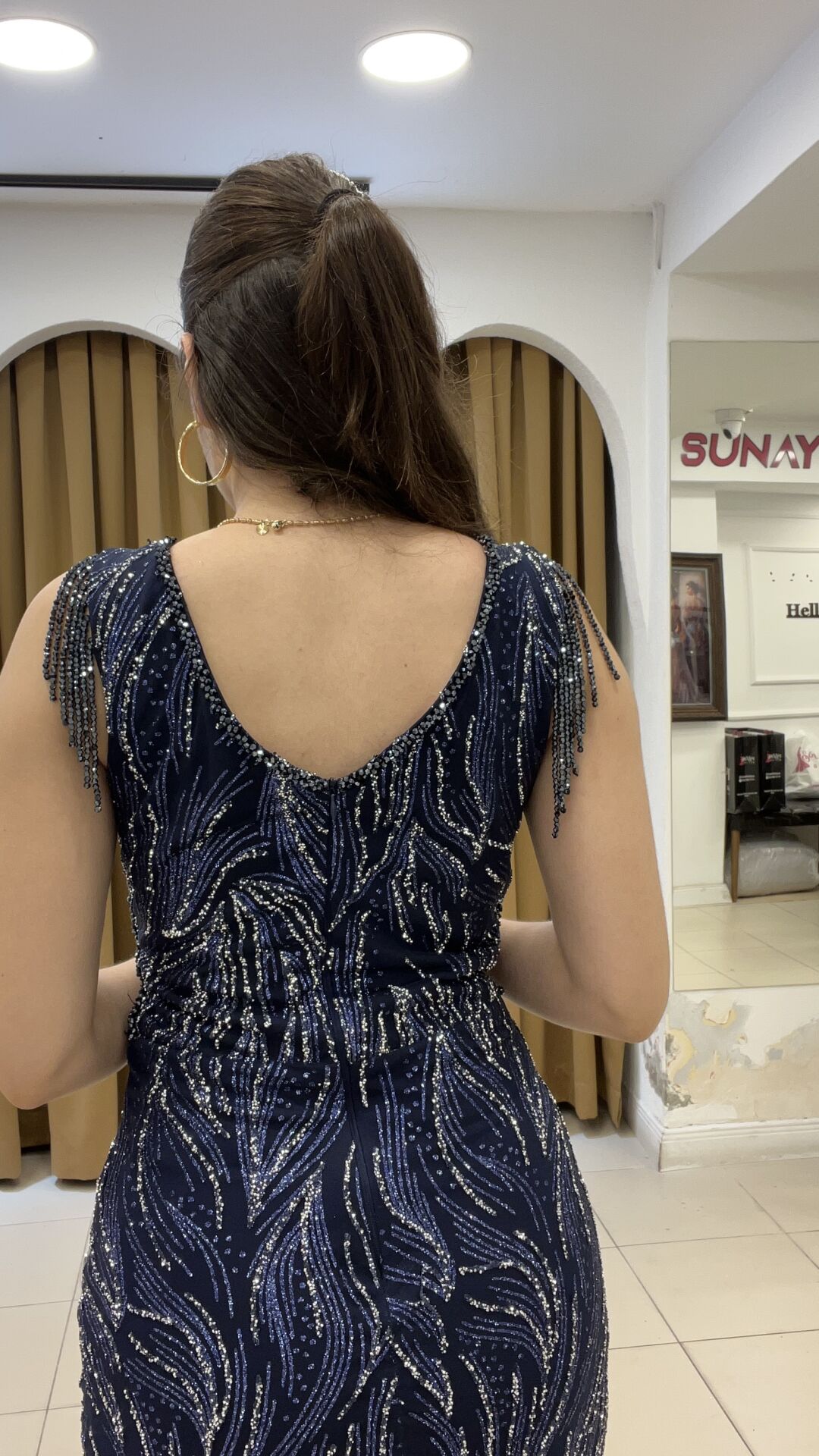 LACİVERT KALIN ASKILI TAŞLI  YIRTMAÇLI ABİYE