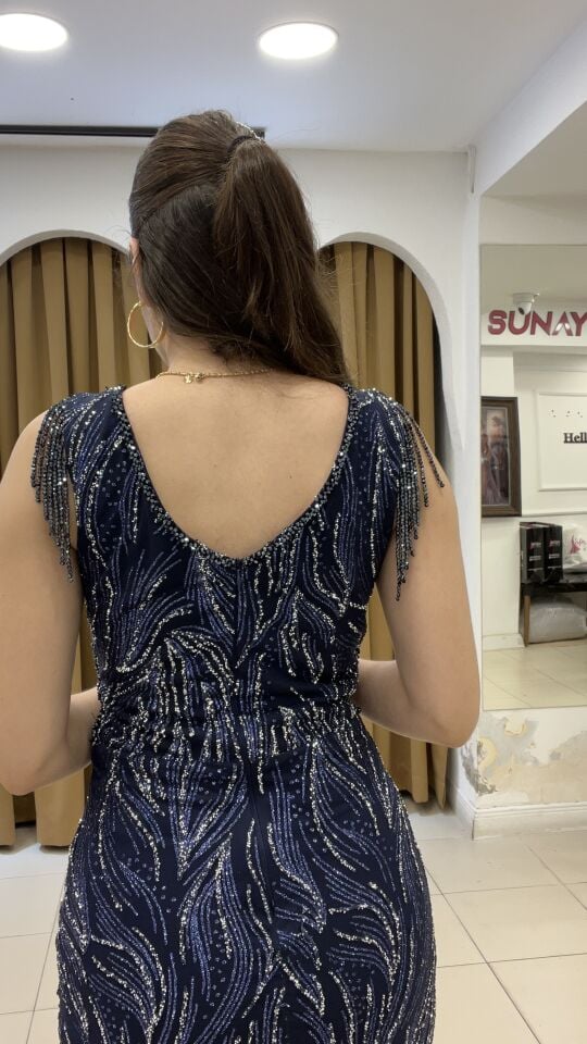 LACİVERT KALIN ASKILI TAŞLI  YIRTMAÇLI ABİYE LACİVERT - 46