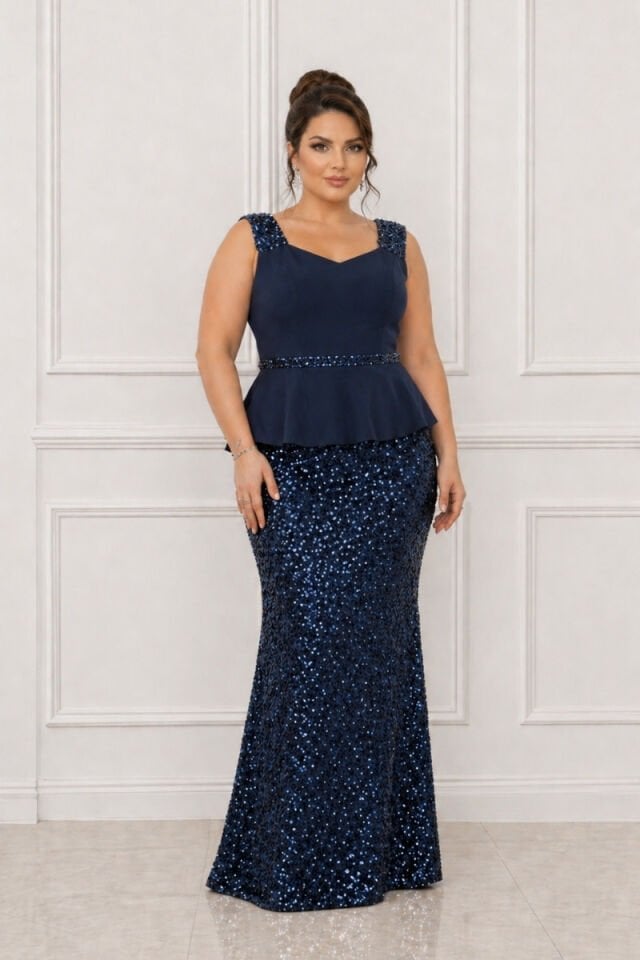 Kadın Büyük Beden Lacivert Abiye Elbise Taş İşlemeli Payetli Uzun Abiye Düğün Nişan Mezuniyet Davet Elbisesi 52